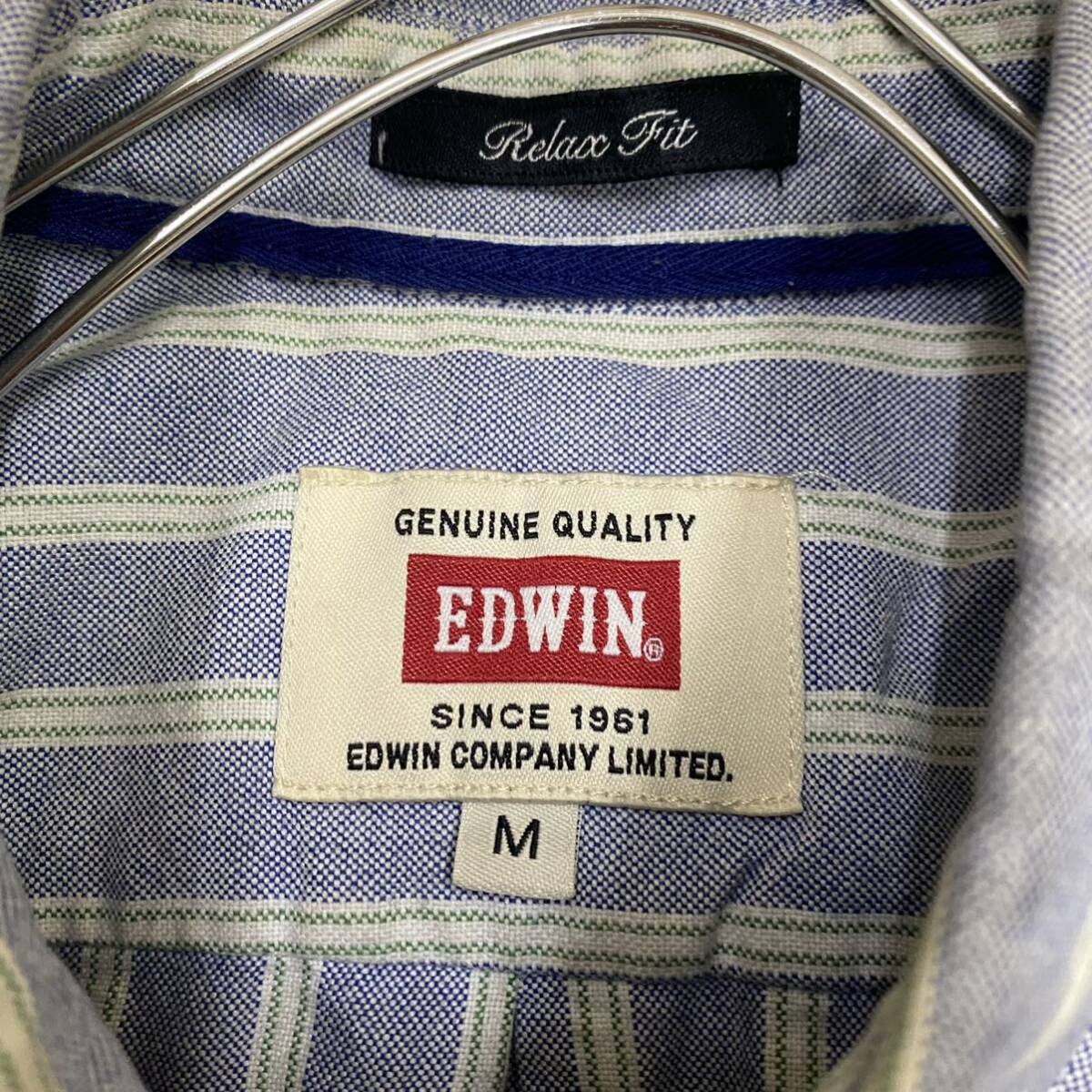 EDWIN エドウィン 長袖シャツ ストライプシャツ ボタンダウン サイズM ブルー 青 メンズ トップス 最落なし （I18）の画像6