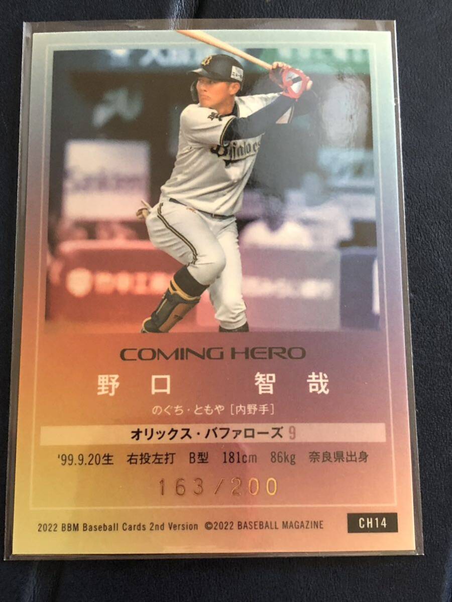 2022 BBM ベースボールカード2nd 野口智哉（オリックス）ComingHero 金箔パラレル　163/200_画像2