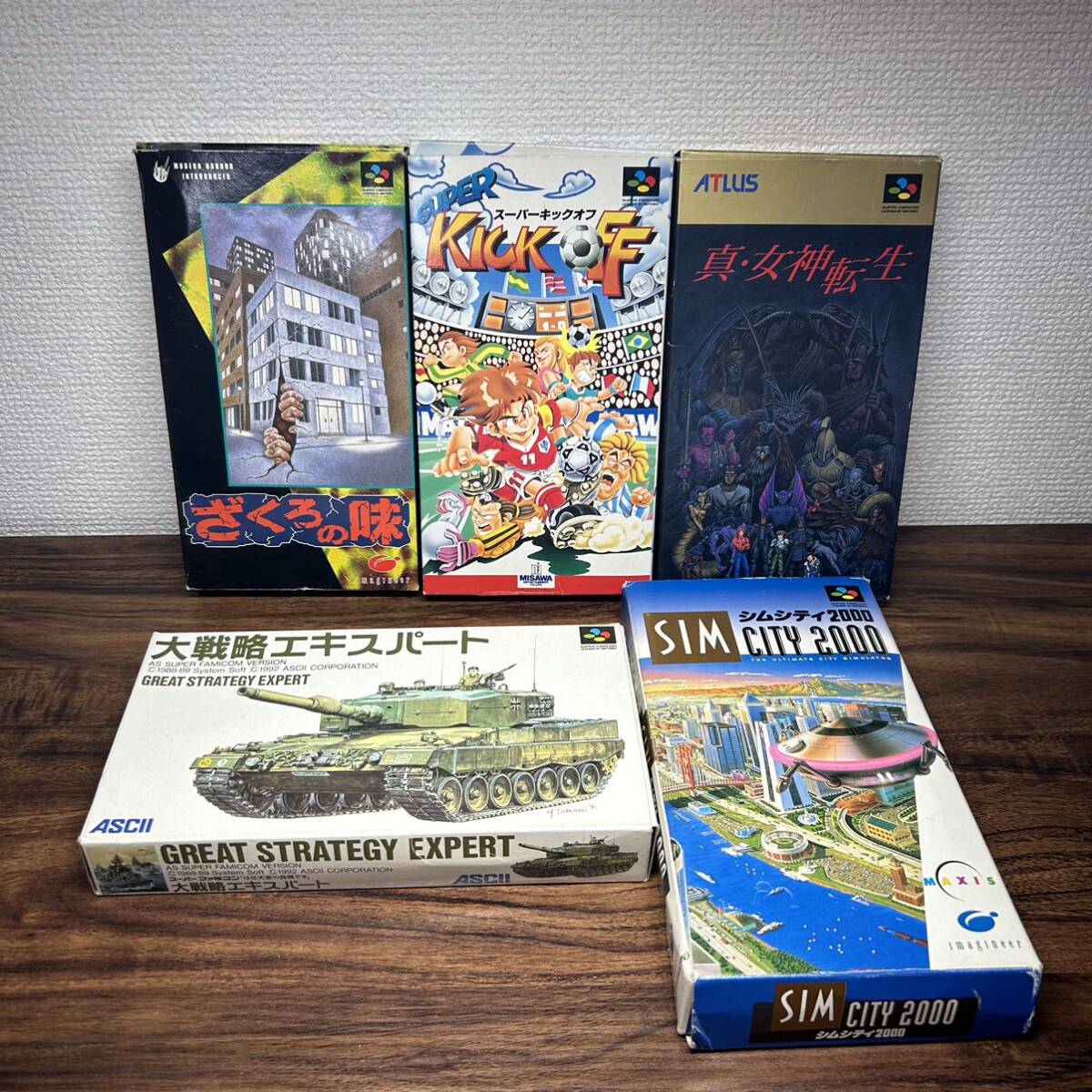 【5個セット】　スーパーファミコン　ソフト　ざくらの味　大戦略エキスパート　真　女神転生　スーパーキックオフ　シムシティ2000