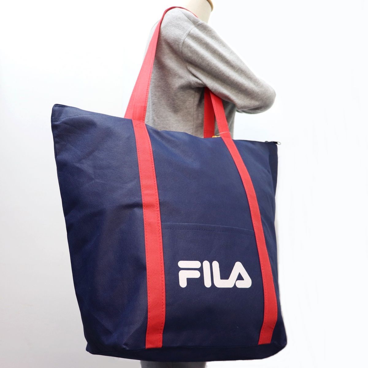 ★フィラ FILA ゴルフ GOLF ビッグ 特大 ショッピング ファスナー付き トート ショルダーバッグ BAG 鞄 紺 [FILABAGNVY]一 六★QWER_画像1