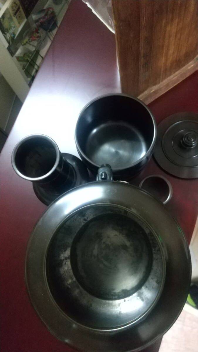 唐銅鐶付皆具 金屋長兵衛 作 茶道具 茶器 茶釜 共箱 水指 杓立 建水 蓋置 骨董品 _画像3