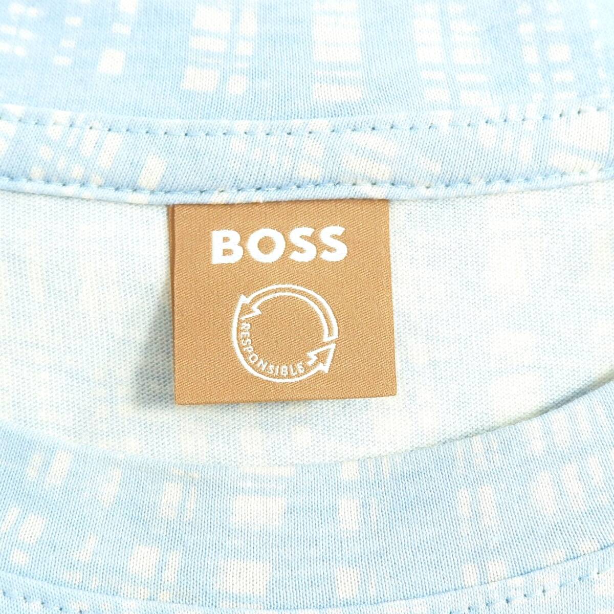 ◆美品 送料無料◆ HUGO BOSS ヒューゴボス ロゴ プリント チェック 半袖 クルーネック Tシャツ カットソー 青 白 メンズ XS　2394B0