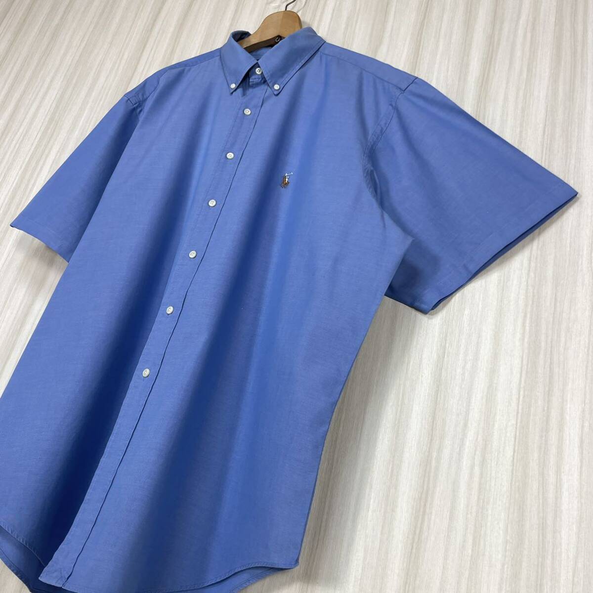 ☆人気ブランド☆90s☆ラルフローレン 刺繍ポニー ボタンダウン 半袖シャツ BDシャツ 17.5表記 ブルー 青 2XL相当 90年代 アメカジ 古着