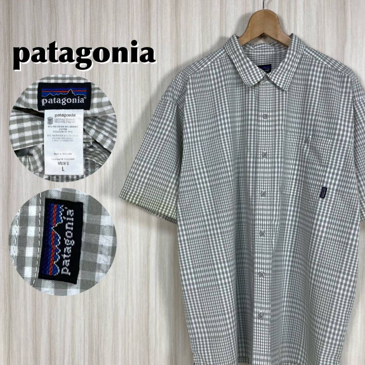 ☆希少☆オーガニックコットン☆ patagonia パタゴニア 折タグ 胸ポケット マルチチェック 半袖シャツ L表記 グレー ホワイト XL相当 古着_画像1