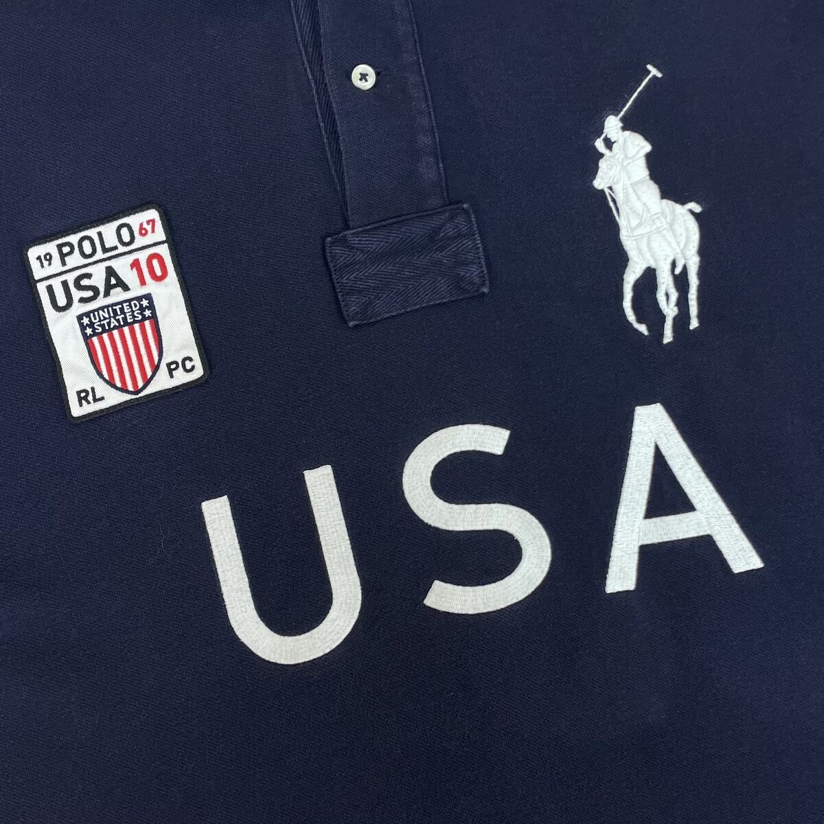 ☆入手困難☆POLO☆ポロラルフローレン 刺繍 ビッグポニー USA 両面ロゴ 背番号 ビッグサイズ 半袖ポロシャツ 濃紺 ネイビー 2XL〜3XL 古着