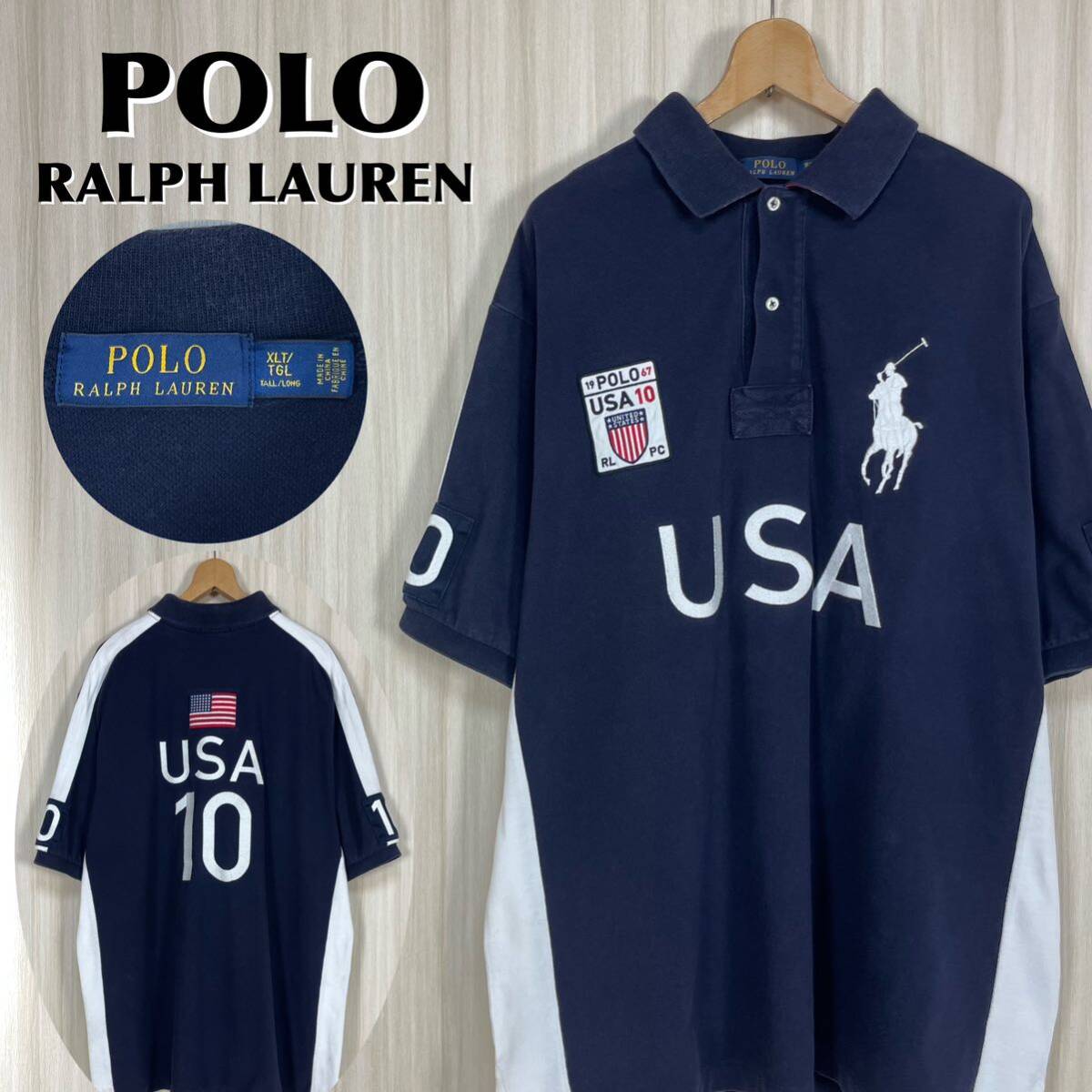 ☆入手困難☆POLO☆ポロラルフローレン 刺繍 ビッグポニー USA 両面ロゴ 背番号 ビッグサイズ 半袖ポロシャツ 濃紺 ネイビー 2XL〜3XL 古着