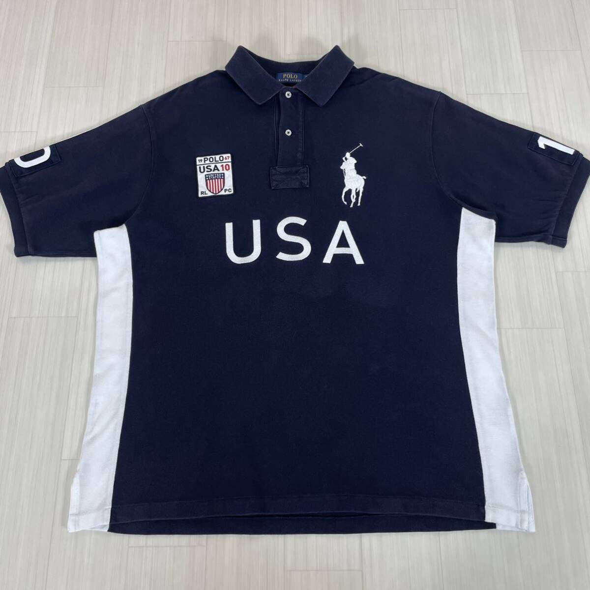 ☆入手困難☆POLO☆ポロラルフローレン 刺繍 ビッグポニー USA 両面ロゴ 背番号 ビッグサイズ 半袖ポロシャツ 濃紺 ネイビー 2XL〜3XL 古着