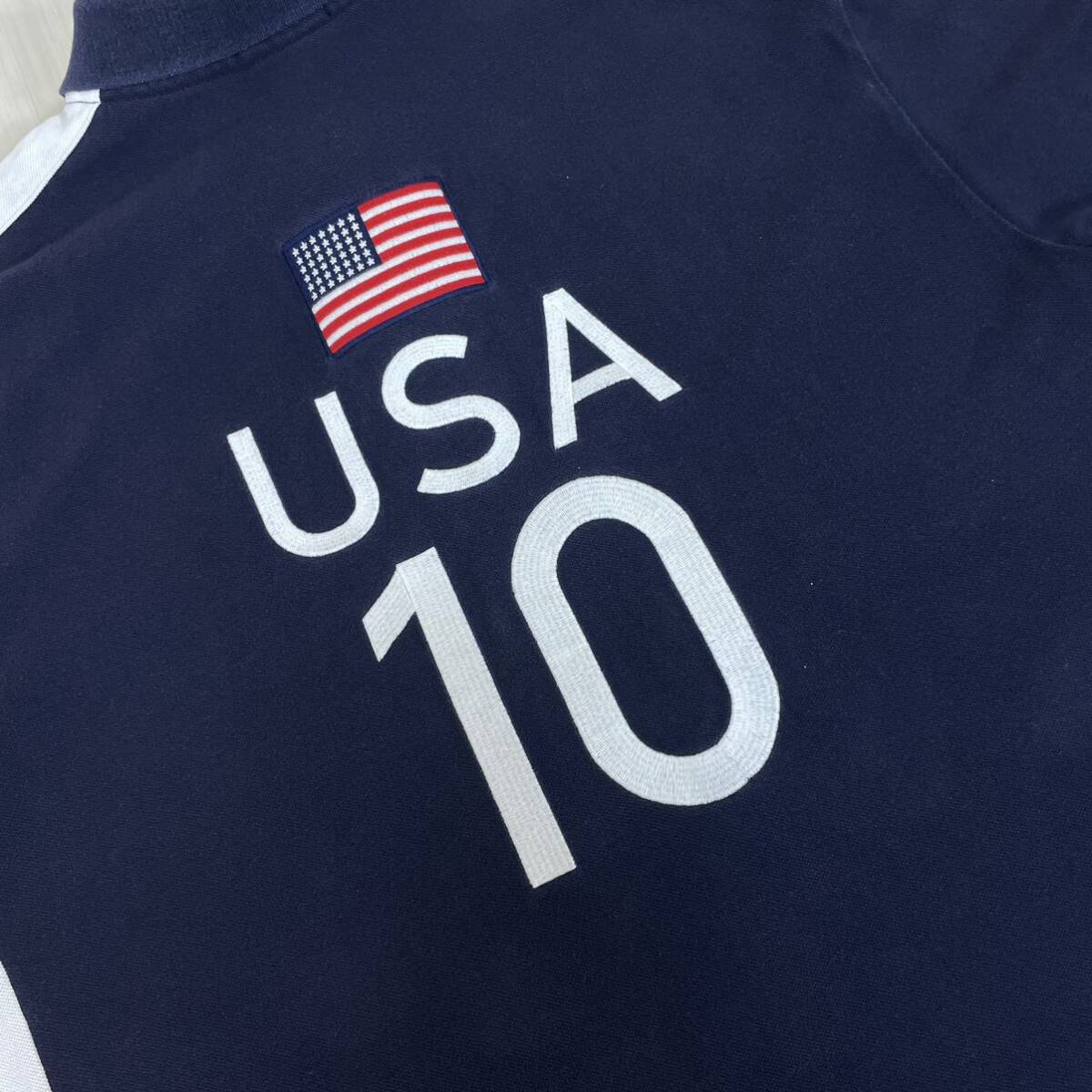 ☆入手困難☆POLO☆ポロラルフローレン 刺繍 ビッグポニー USA 両面ロゴ 背番号 ビッグサイズ 半袖ポロシャツ 濃紺 ネイビー 2XL〜3XL 古着