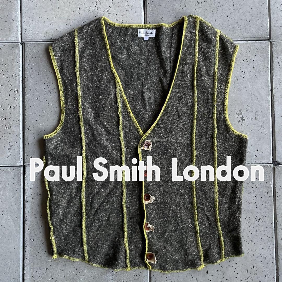 1990s【Paul Smith London ポールスミス ロンドン】インサイドアウト ニット ベスト L グレー×ブラウン_画像1