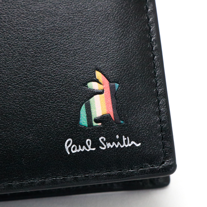 ポールスミス Paul Smith 二つ折り財布 カーフレザー マーケトリーストライプ ラビット P655 ブラック 極美品 中古_画像5