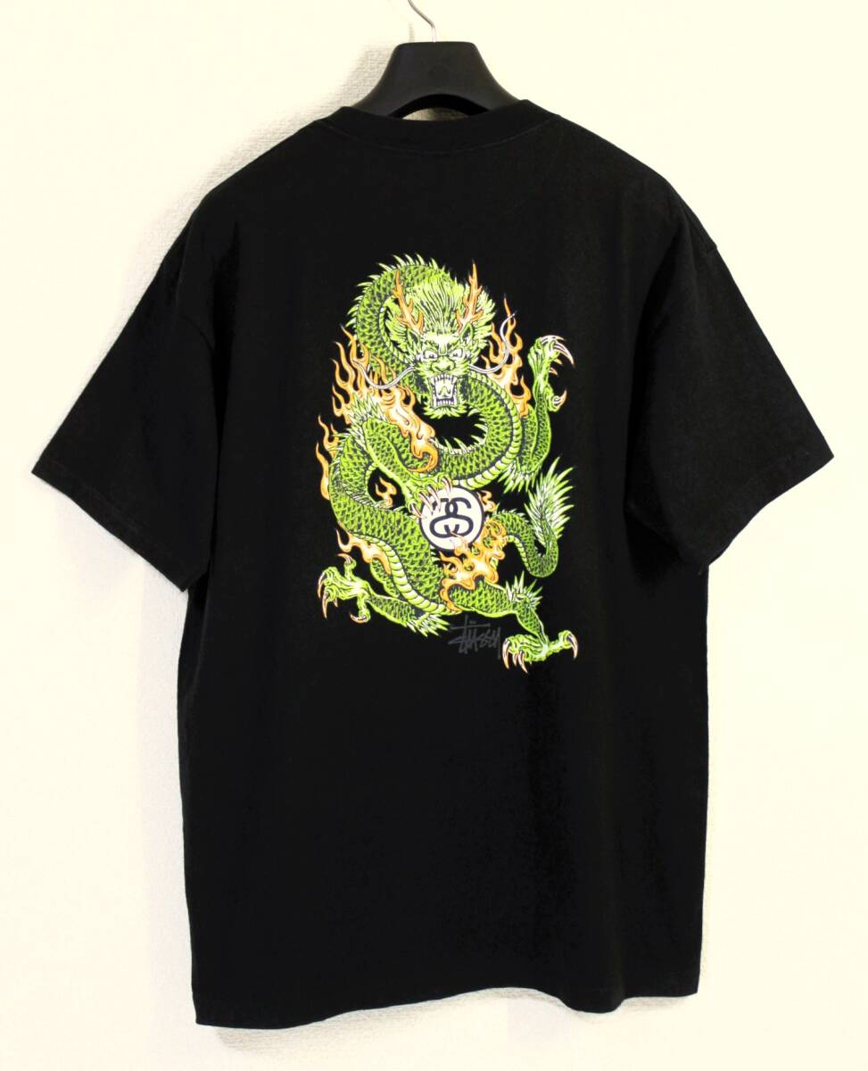 訳あり '90s 紺タグ◆STUSSY ステューシー◆半袖 ドラゴンＴシャツ 黒:XL_画像1