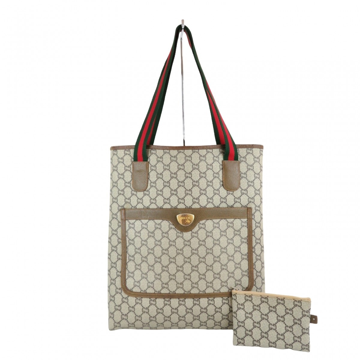 正規品 GUCCI Plus グッチプラス トートバッグ 縦型 PVCｘレザー シェリーライン ポーチ付き ブラウン イタリア製 本物保証 0331-063_画像1