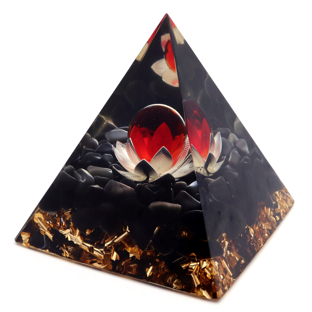 オルゴナイト ピラミッド オブシディアン さざれ 黒曜石 蓮の花 orgonite pyramid 置物 天然石 パワーストーン 浄化 No13_画像1