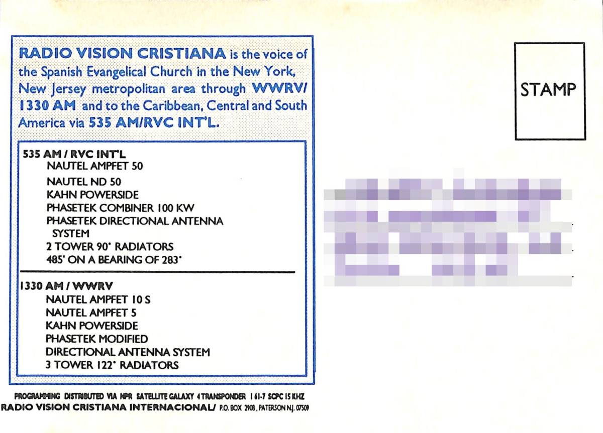 BCL 入手困難 希少ベリカード RVC ラジオ・ビジョン・クリスティーナ Radio Vision Cristiana 南カイコス諸島 西インド諸島  1994年