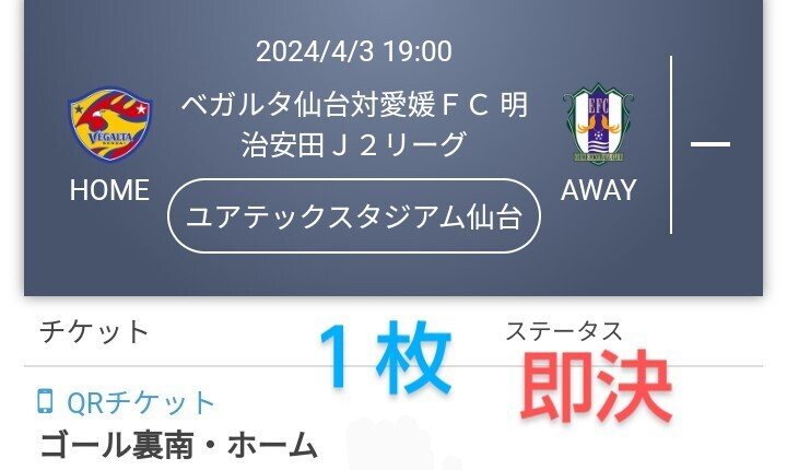  Vega ruta sendai VS Ehime FC goal reverse side south * Home ticket 1 sheets QR ticket free shipping ticket * time sale * * loose sale is last becomes!