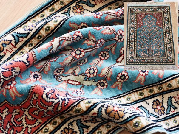 魁◆高級トルコ絨毯 カイセリ シルク100％ 手織り 花鳥文様 60.5×44.5㎝ ペルシャ絨毯_画像1