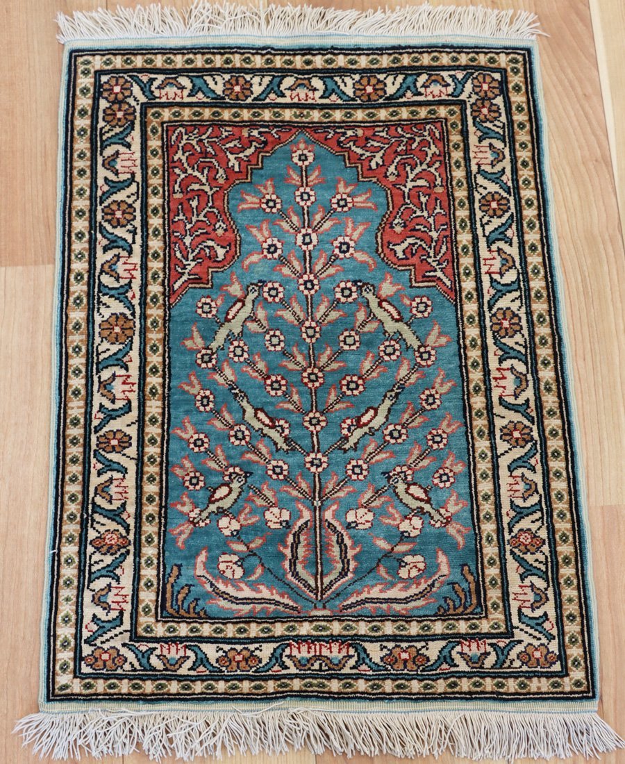 魁◆高級トルコ絨毯 カイセリ シルク100％ 手織り 花鳥文様 60.5×44.5㎝ ペルシャ絨毯_画像2