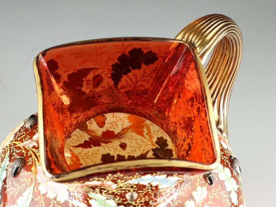 魁◆唯一無二！博物館級超名品！19世紀 Moser モーゼル 高盛造形古ガラス エナメル彩色葉弦実昆虫鳥図 盛上技法 圧巻の大作の画像6