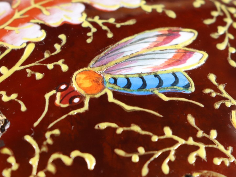 魁◆唯一無二！博物館級超名品！19世紀 Moser モーゼル 高盛造形古ガラス エナメル彩色葉弦実昆虫鳥図 盛上技法 圧巻の大作の画像8