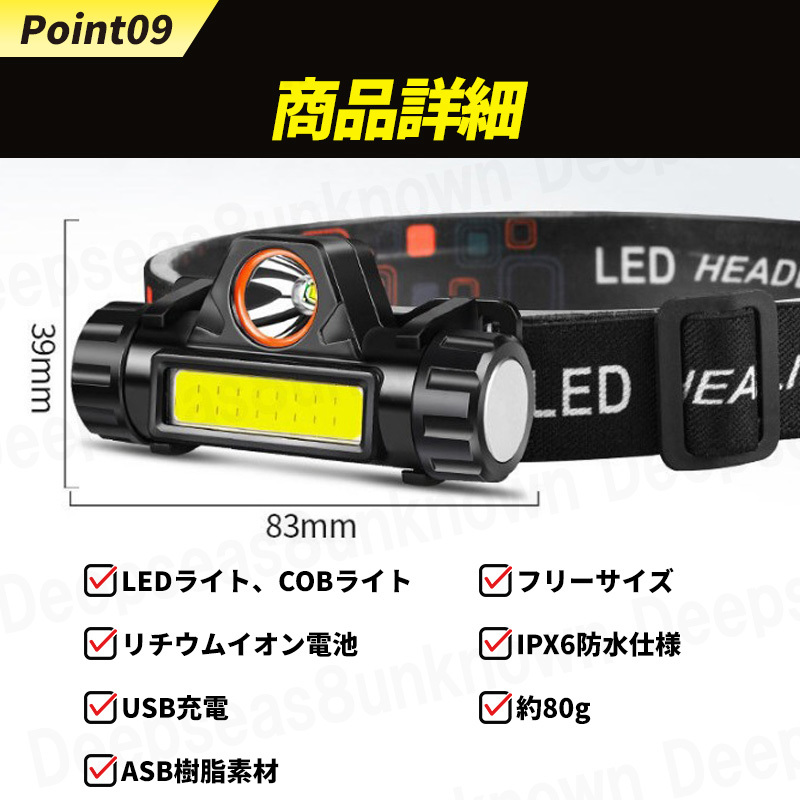 LEDヘッドライト usb充電式 ヘッドランプ 登山 キャンプ 夜 釣り アウトドア ワークライト 作業灯 小型 懐中電灯 停電 防災 非常用 ２個_画像8