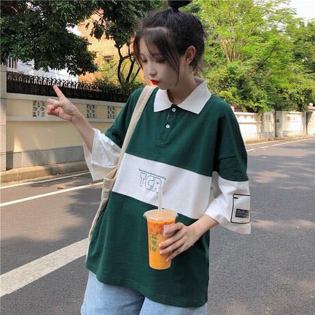 ポロシャツ ビッグシルエット 韓国 夏服 レディース カジュアル七分袖 Tシャツ