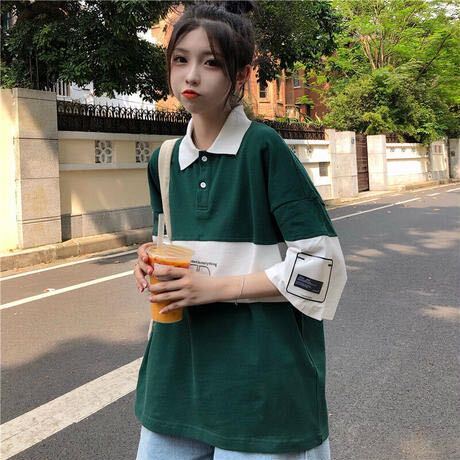 ポロシャツ ビッグシルエット 韓国 夏服 レディース カジュアル七分袖 Tシャツ