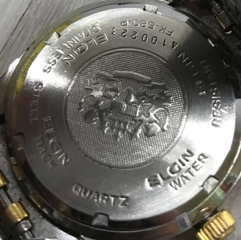 466 ELGIN エルジン DAY-DATE DELUXE メンズ クォーツ デイデイト デラックス 腕時計 FK-583-P ゴールド 金色 シルバー 銀色の画像7