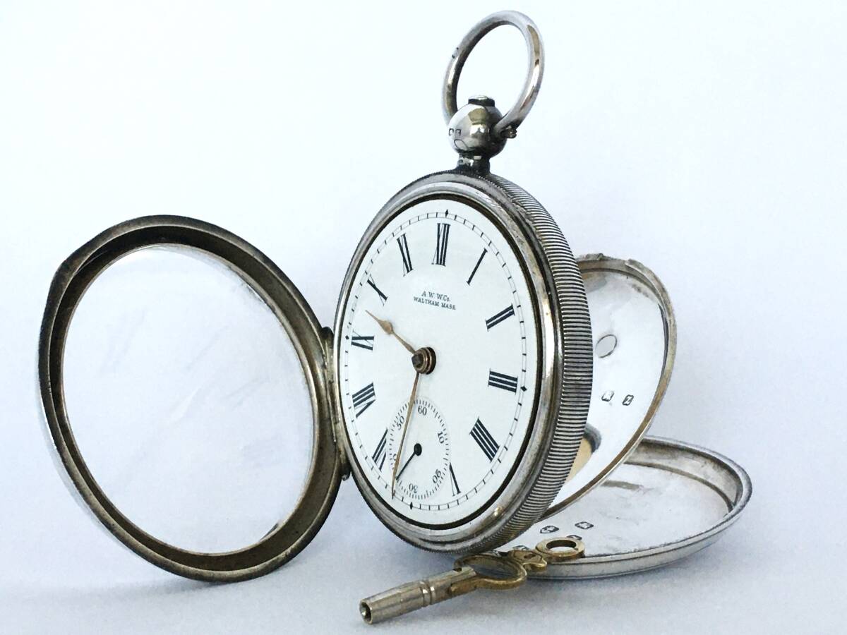 1898年製◆WALTHAM 銀無垢STERLING 鍵巻き 大型18S 7石 Gr,A.W.Co. English Market ウォルサム懐中時計◆の画像10