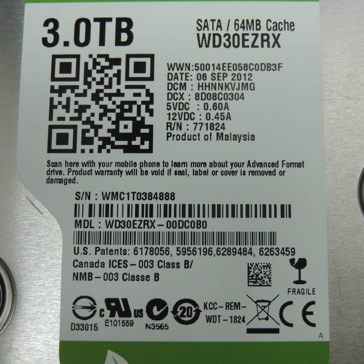 【2台まとめ売り/検品済み】WD 3TB HDD WD30EZRX【使用時間：7944h・7947h】管理:j-83_画像4