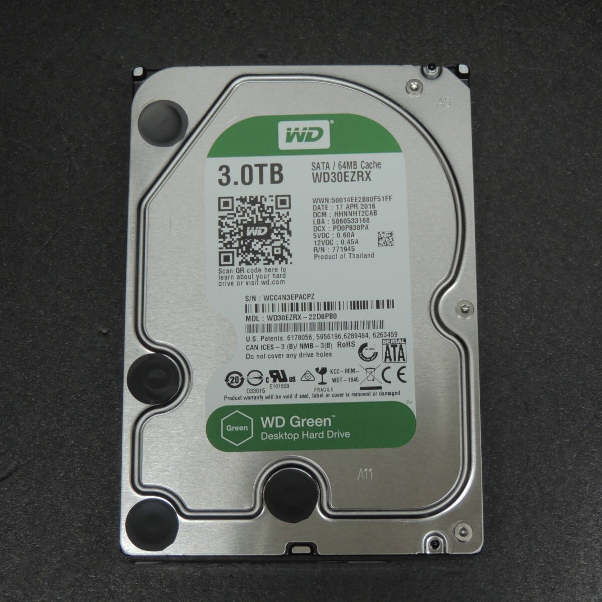 【検品済み/使用379時間】WD 3TB HDD WD30EZRX 管理:イ-36_画像1