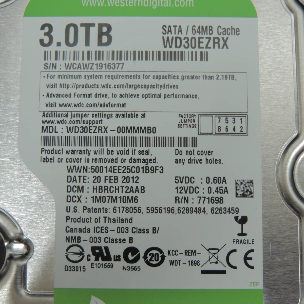 【2台まとめ売り/検品済み】WD 3TB HDD WD30EZRX 【使用時間1038h・1039h】 管理:イ-40_画像4