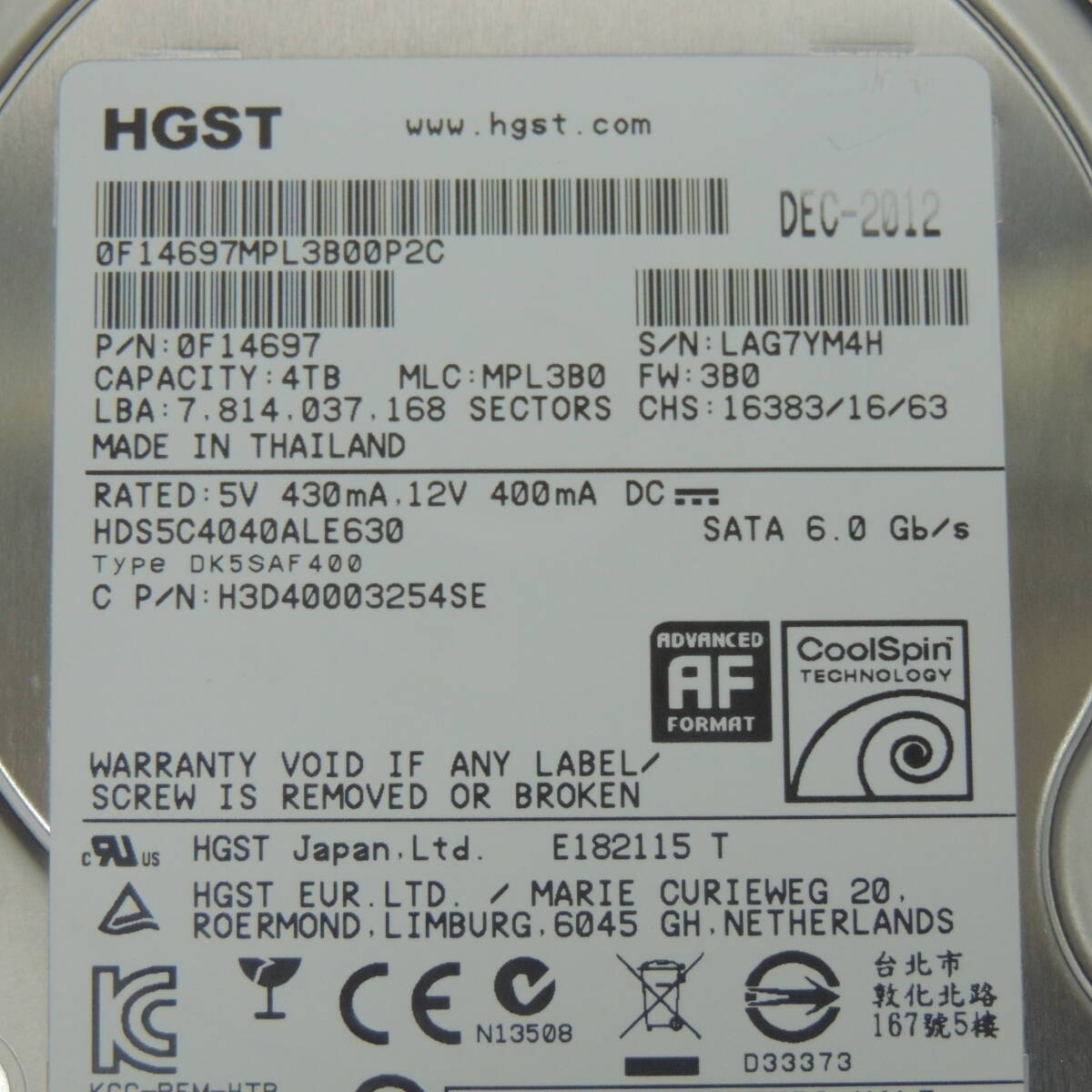 【2台まとめ売り/検品済み】HGST(Hitachi) 4TB HDD HDS5C4040ALE630 【使用時間385h・387h】 管理:イ-92_画像5