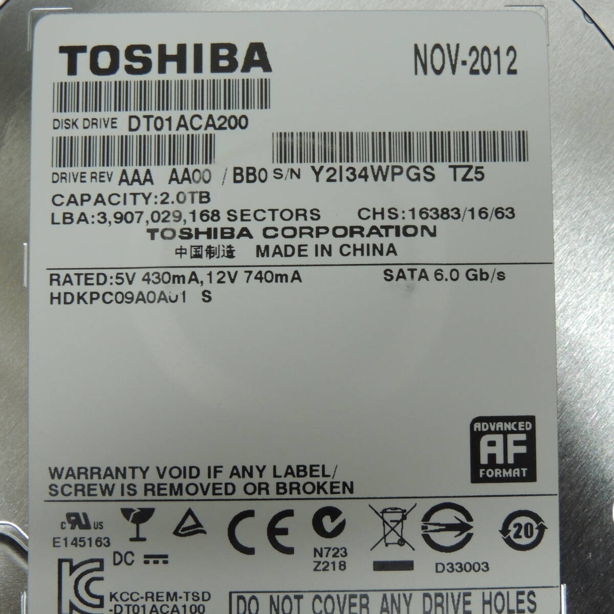 【検品済み/使用2522時間】TOSHIBA 2TB HDD DT01ACA200 管理:イ-96_画像3