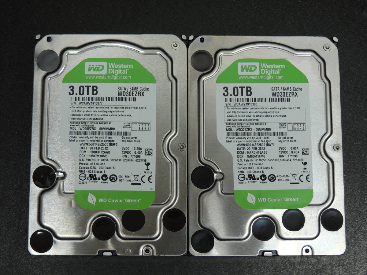 【2台まとめ売り/検品済み】WD 3TB HDD WD30EZRX 【使用時間1038h・1039h】 管理:イ-40_画像1