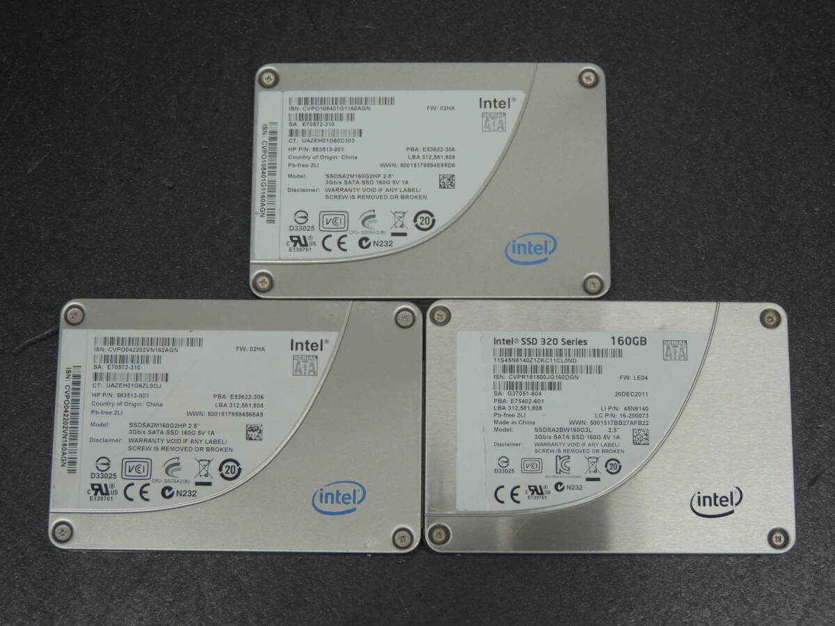 【3台まとめ売り/検品済み】INTEL SSD 160GB SSDSA2M160G2HP/SSDSA2BW160G3L (使用時間：200h・7272h・1513h) 管理:オ-34_画像1