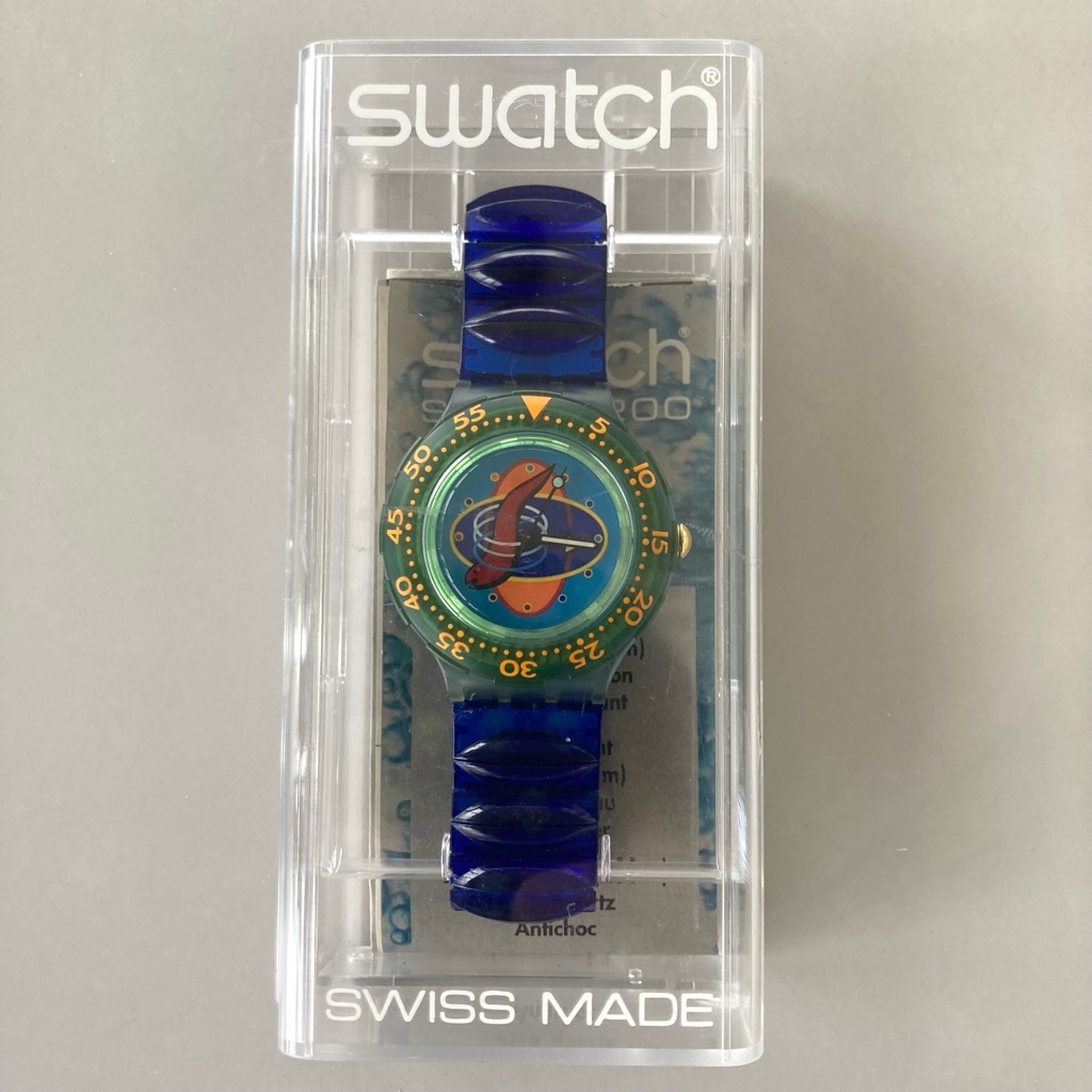 ●SWATCH SCUBA 200 SDN114 1994年 稼働品 メタルテンションベルト 青 腕時計 ビンテージ レア 希少_画像1