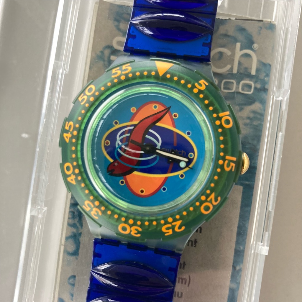 ●SWATCH SCUBA 200 SDN114 1994年 稼働品 メタルテンションベルト 青 腕時計 ビンテージ レア 希少_画像2