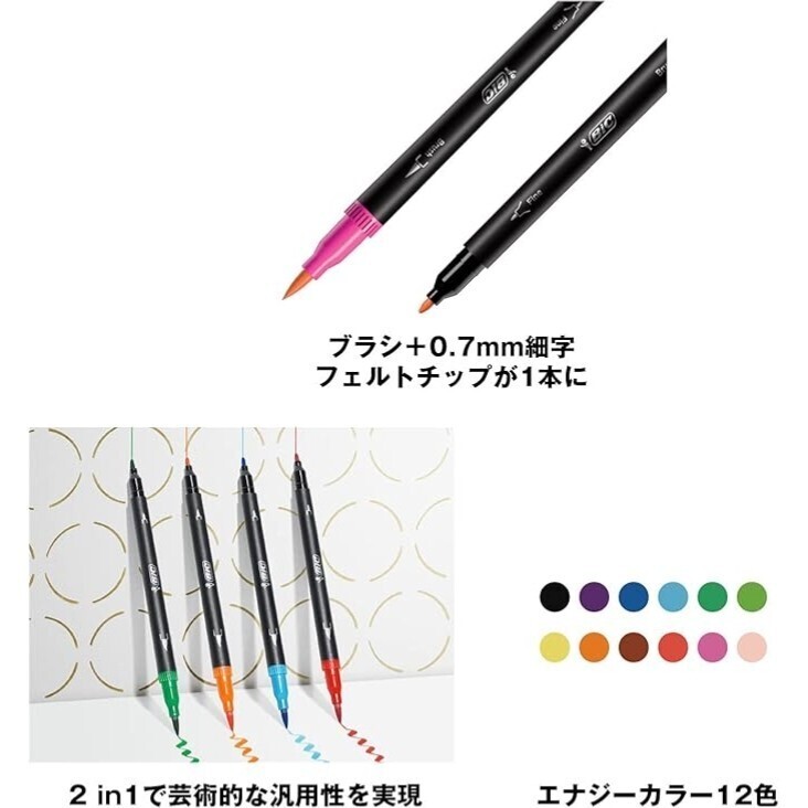 ビック(Bic) 水性 ペン 筆ペン 塗り絵 カラー セット Intensity デュアルチップ マーカー 12色セット⑩