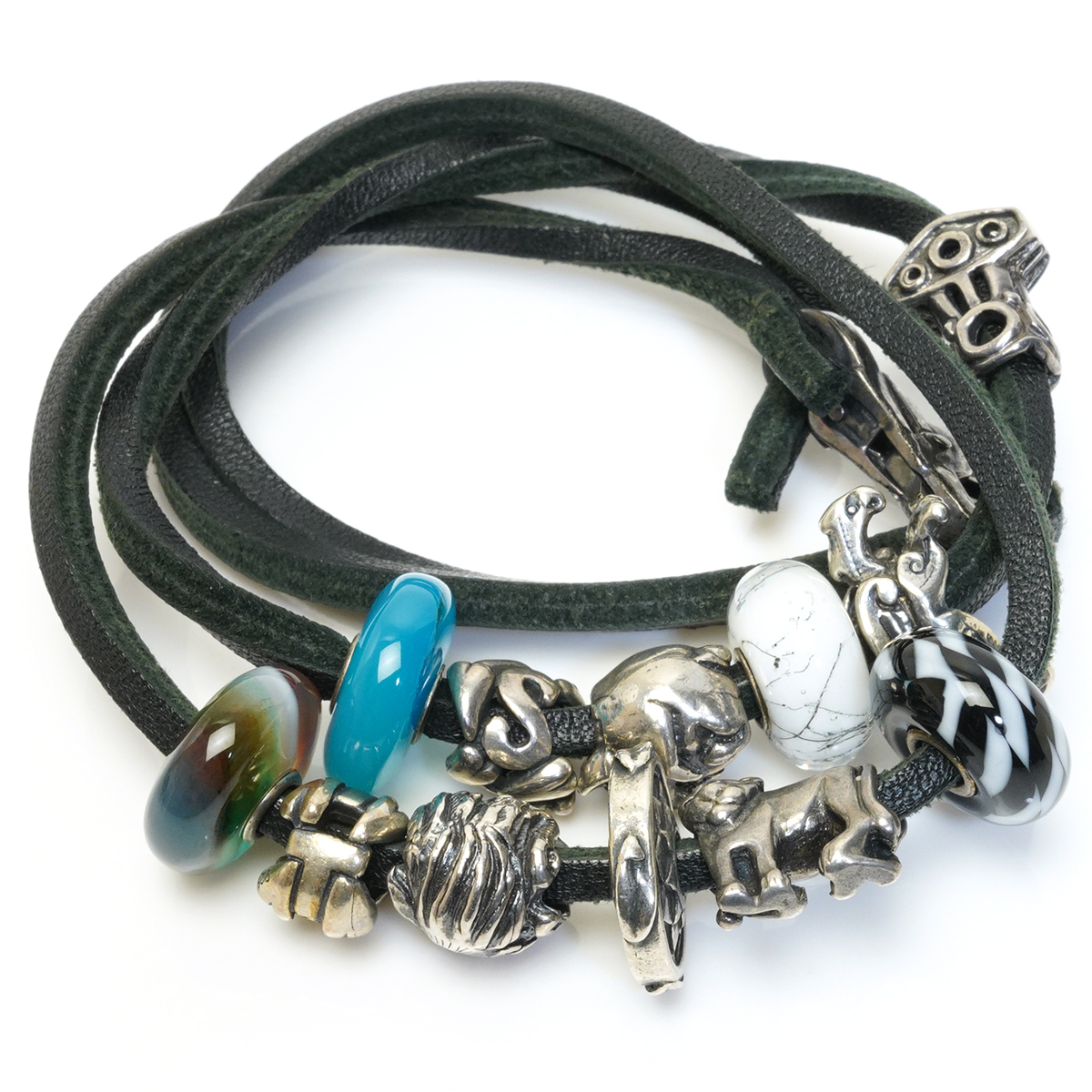 トロールビーズ 二重 ブレスレット レザー ブラック 12点セット LAA 925 Trollbeads_画像1