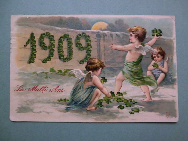 アンティーク　古いポストカード・絵葉書 * 1909年 年号カード 幸運が来ますように * 消印判読不明 _画像1