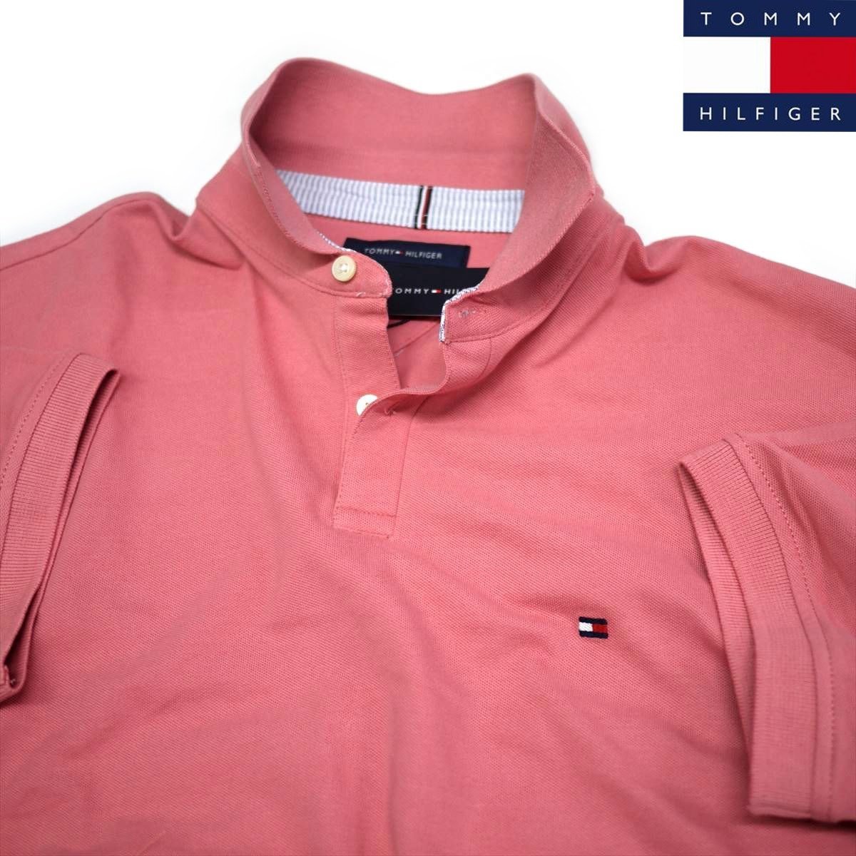 新品 トミーヒルフィガー 刺繍ロゴ ストレッチ ポロシャツ(XL) ピンク系 ゴルフにも！TOMMY HILFIGER USAモデル /aa123_画像1