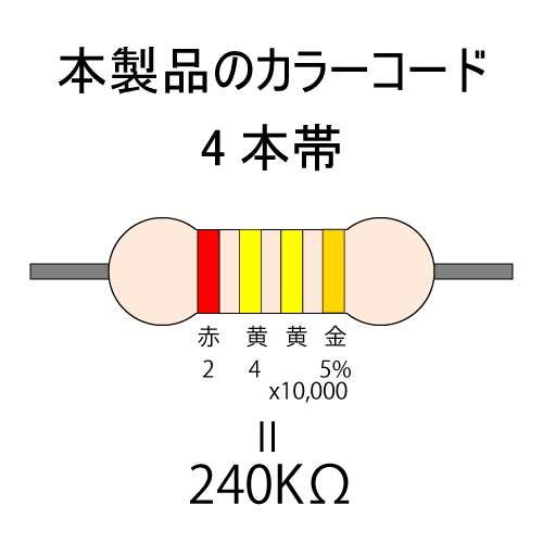 カーボン抵抗【炭素被膜抵抗】 240KΩ (1/4Ｗ ±5%) 10本　〒84～　#00XF_カラーコード