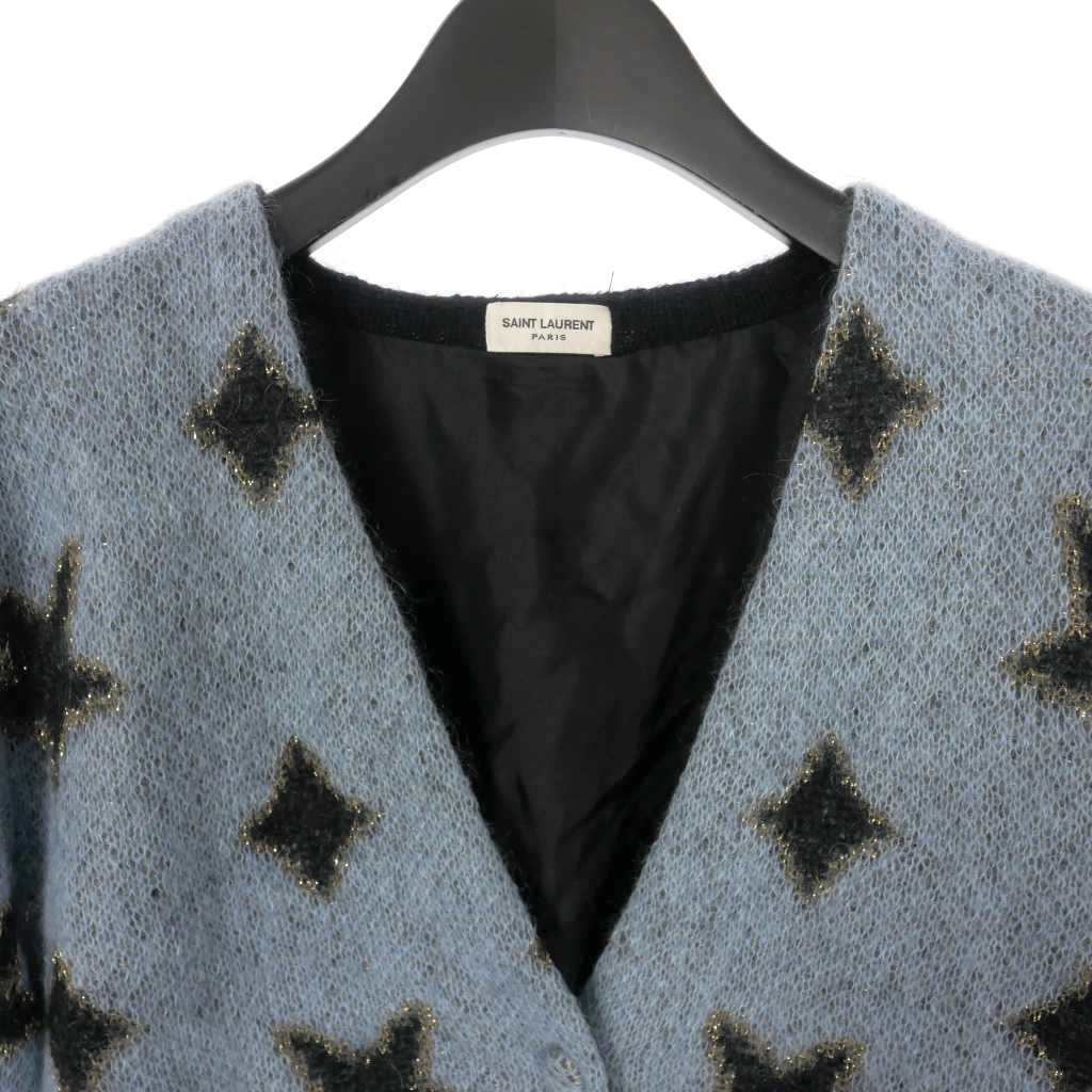  sun rolan Paris SAINT LAURENT PARIS star pattern mo hair knitted cardigan sweater long sleeve XS light blue / black 334094 domestic regular reti
