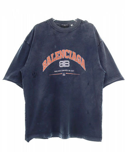 バレンシアガ BALENCIAGA 22SS Maison BALENCIAGA T-shirt S 612966 TLVJ1 クラッシュ加工 ロゴプリント 半袖Tシャツ ブラック240317 ☆AA