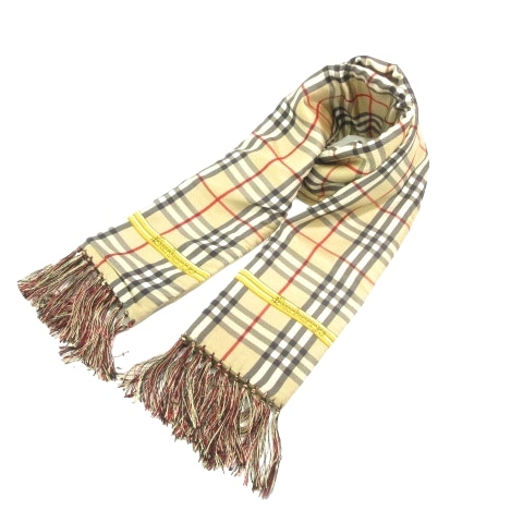 バーバリー BURBERRY 美品 マフラー カシミヤ混 ノバチェック フリル シルク ウール 厚手 茶 ブラウン IBO49 レディース