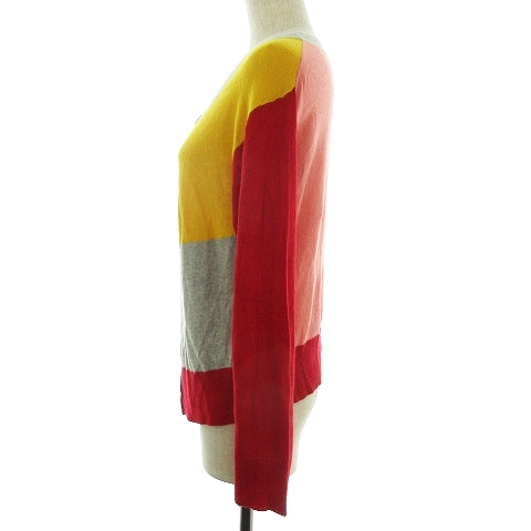  Sunao Kuwahara sunao kuwahara knitted cardigan long sleeve round neck thin total pattern M yellow red yellow red tops /BT lady's 