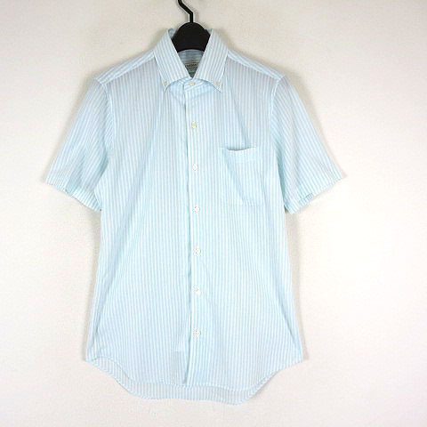 ダーバン DURBAN シャツ ワイシャツ ストライプ ボタンダウン コットン ブロード 半袖 S 水色 ライトブルー 白 ホワイト メンズ_画像1