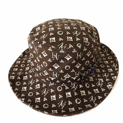 NATURALHIGH ハット バケットハット 帽子 ロゴ 総柄 58.5cm ダークブラウン こげ茶色 グレー ぼうし 日本製 レディース_画像1