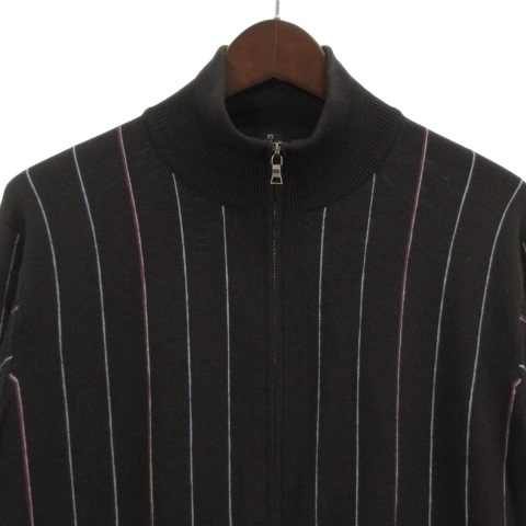 ポールスミス PAUL SMITH 美品 ニット ジップアップ セーター ストライプ ジャージ トラックジャケット 黒系 ブラック 青 紫 XL メンズ_画像3