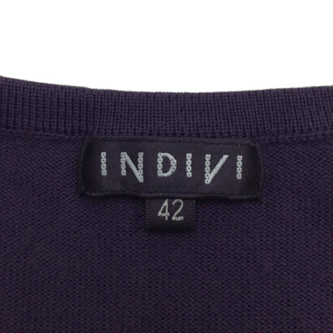  Indivi INDIVI cardigan knitted V neck wool 7 minute sleeve 42 purple purple lady's 